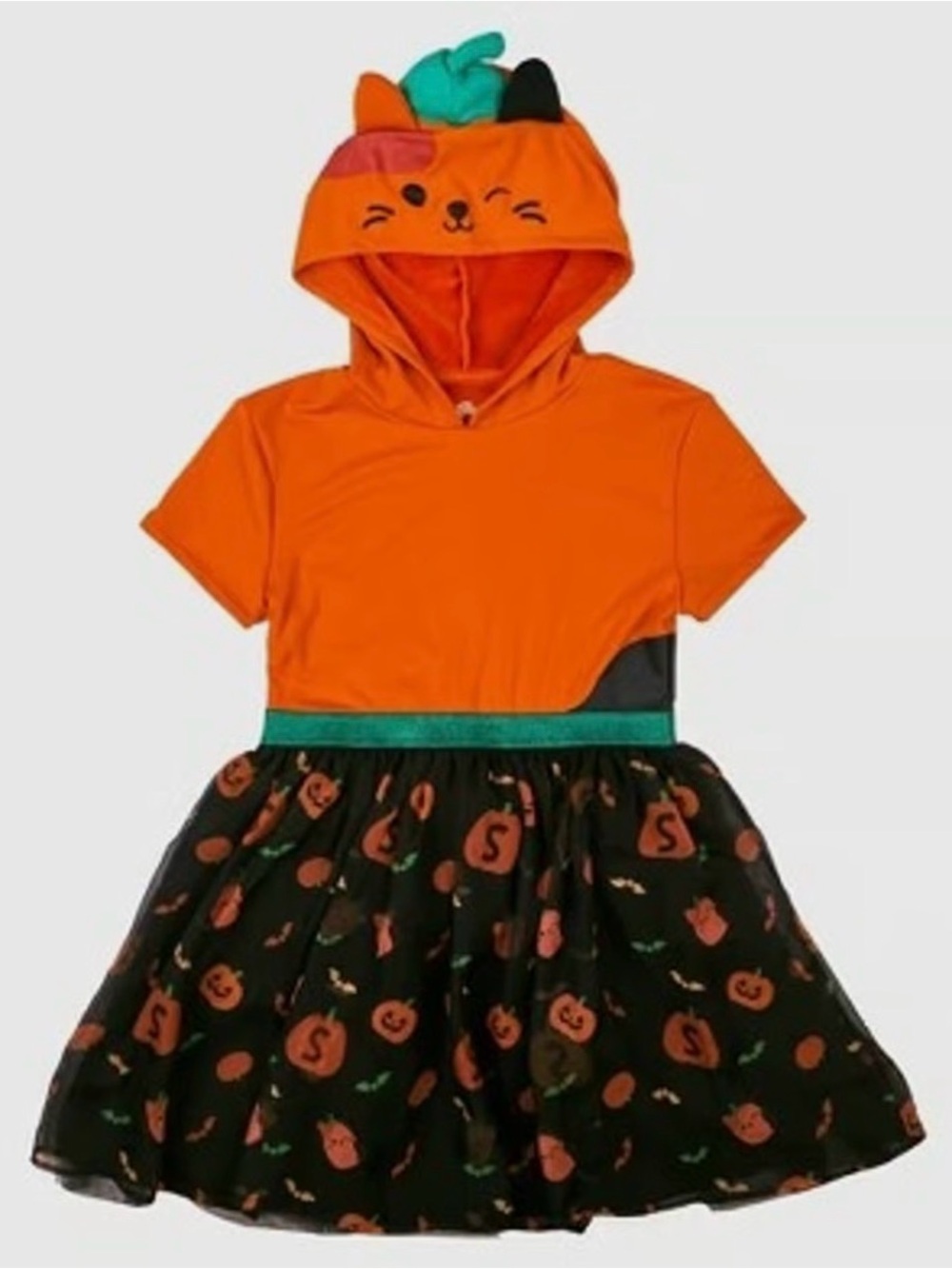 VGUC Squishmallows Cam the Cat Halloween Pumpkin Tulle Hooded Dress, Girls Sz L